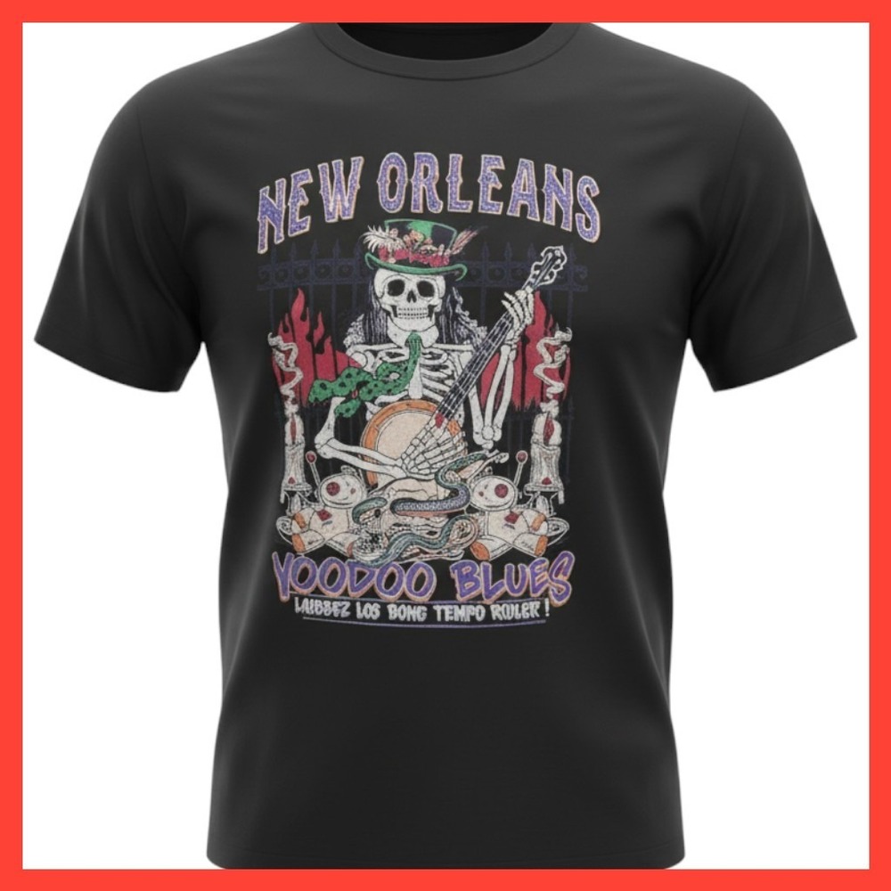 Gildan New Orleans Voodoo Blues Skeleton Banjo Graphic T-Shirt Black XL